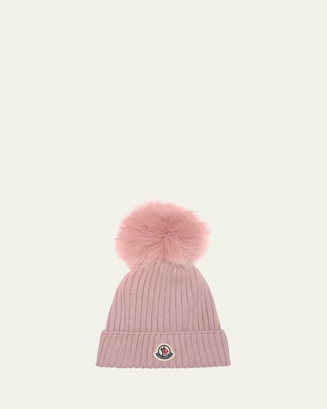 Kid's Ribbed Wool Beanie with Faux Fur Pom, Size S-L